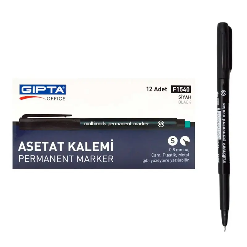 Gıpta F1540 Permanent Marker Asetat Kalemi (S) Seri Siyah x 12 Li Kutu