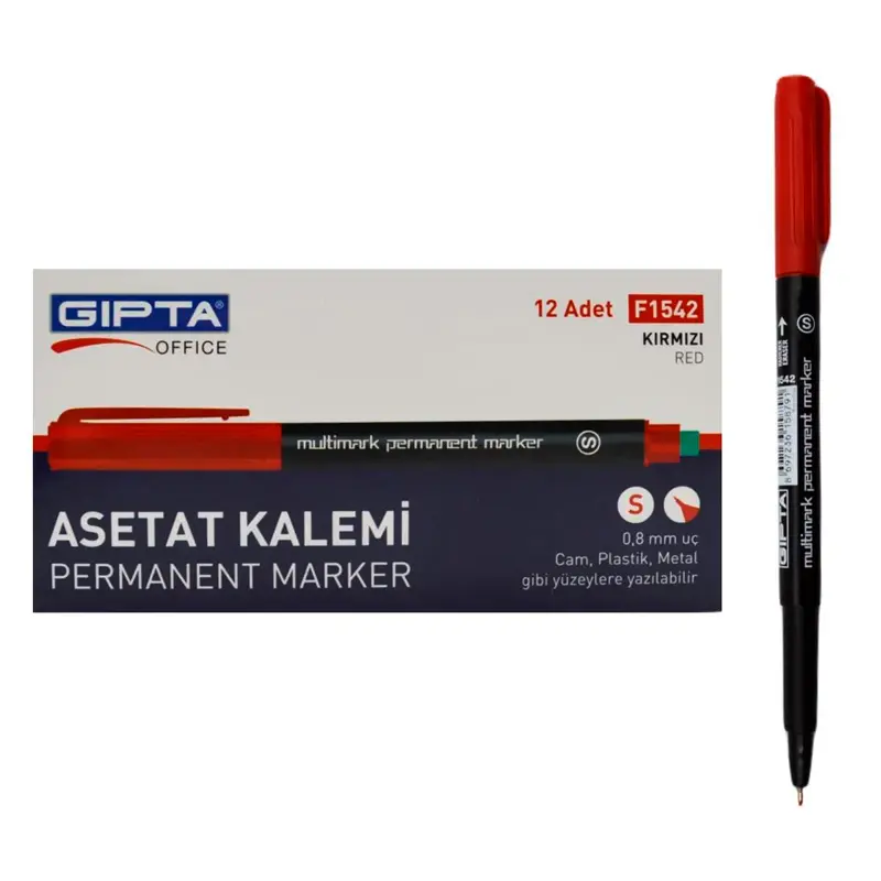 Gıpta F1542 Permanent Marker Asetat Kalemi (S) Seri Kırmızı x 12 Li Kutu