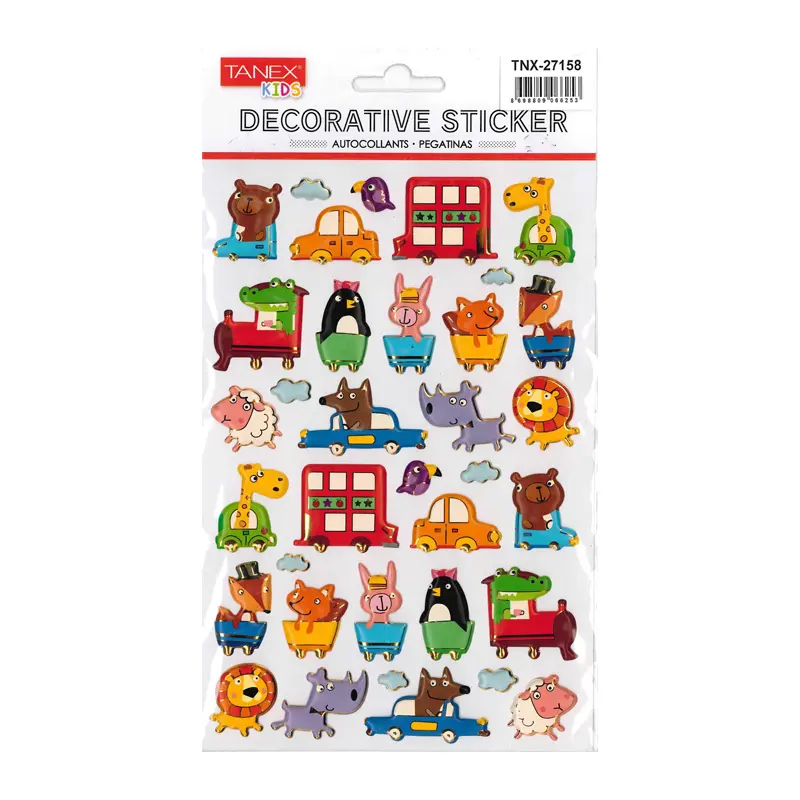 Taneks 27158 Puffy Dekoratif Sticker Arabalı Gezen Hayvanlar Serisi x 5 Li Paket