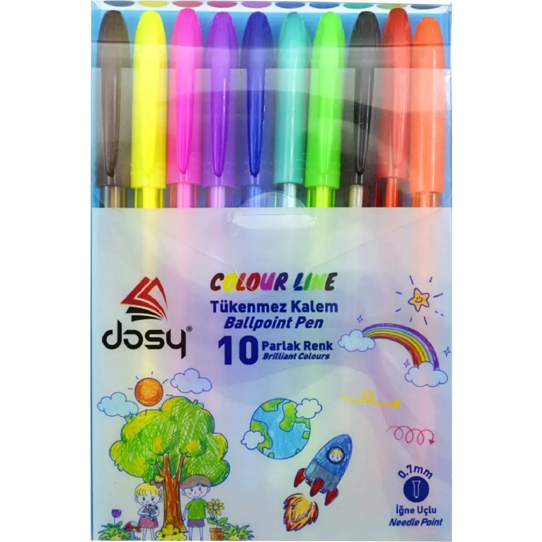 Dosy Colour Line İğne Uçlu Tükenmez Kalem 0.7 mm 10 Renk Paket