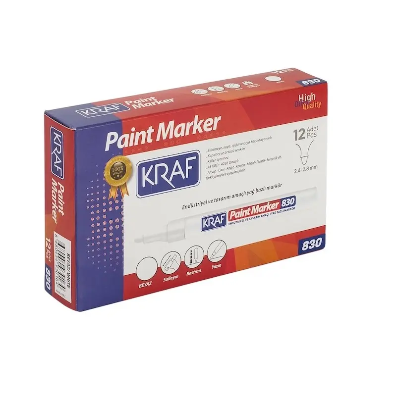 Kraf 830 Endüstriyel Yağ Bazlı Paint Marker 2.4mm - 2.8mm Beyaz 12 Li Kutu