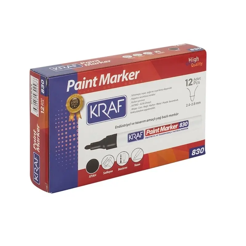Kraf 830 Endüstriyel Yağ Bazlı Paint Marker 2.4mm - 2.8mm Siyah 12 Li Kutu