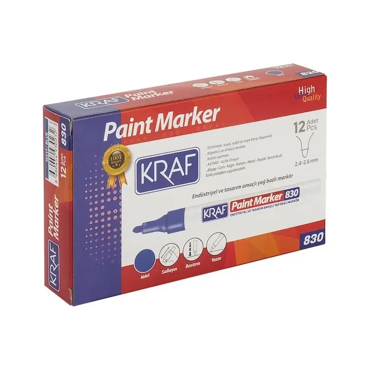 Kraf 830 Endüstriyel Yağ Bazlı Paint Marker 2.4mm - 2.8mm Mavi 12 Li Kutu