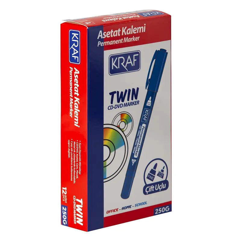 Kraf 250G Twin Çift Uçlu Cd & DVD Asetat Kalemi Mavi 12 Li Kutu