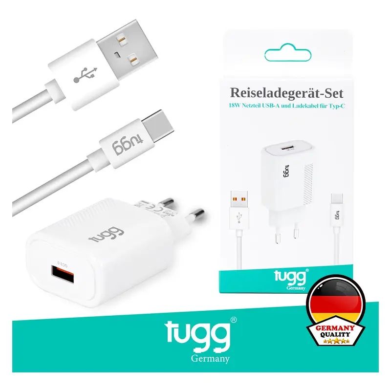 Tugg 104302 Germany Isı ve Akım Korumalı Şarj Başlığı 18 Watt + Type-C Kablo