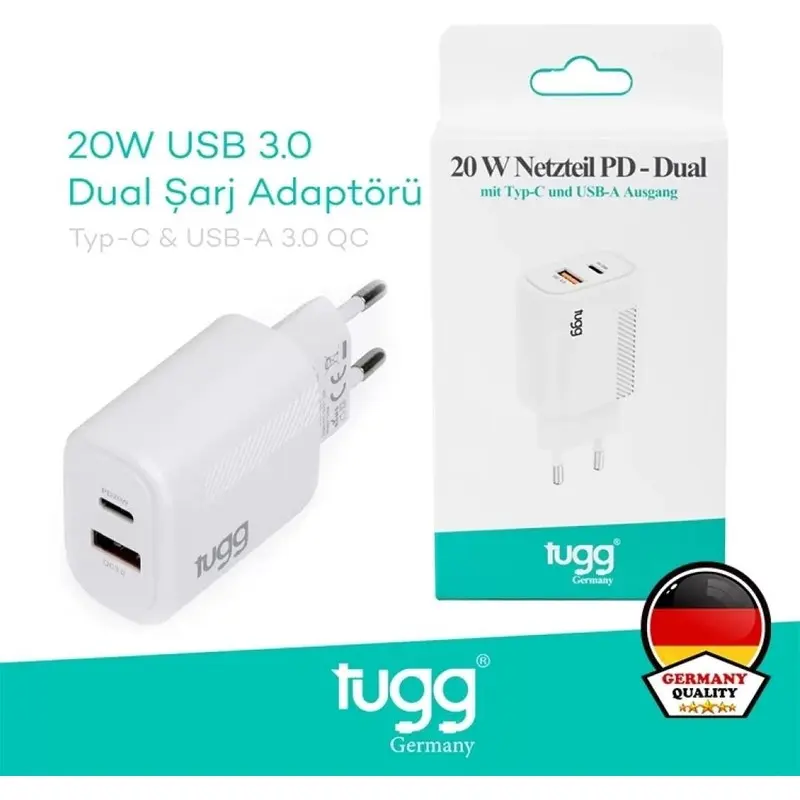Tugg 104403 Germany Isı ve Akım Korumalı Şarj Başlığı Type-C ve USB 20 Watt
