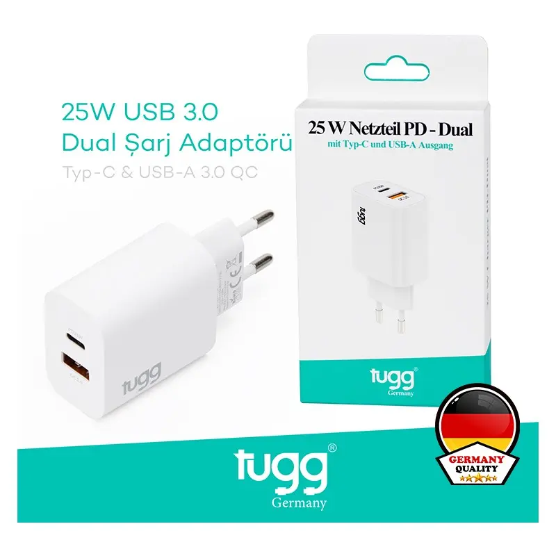 Tugg 104406 Germany Isı ve Akım Korumalı Şarj Başlığı Type-C ve USB 25 Watt