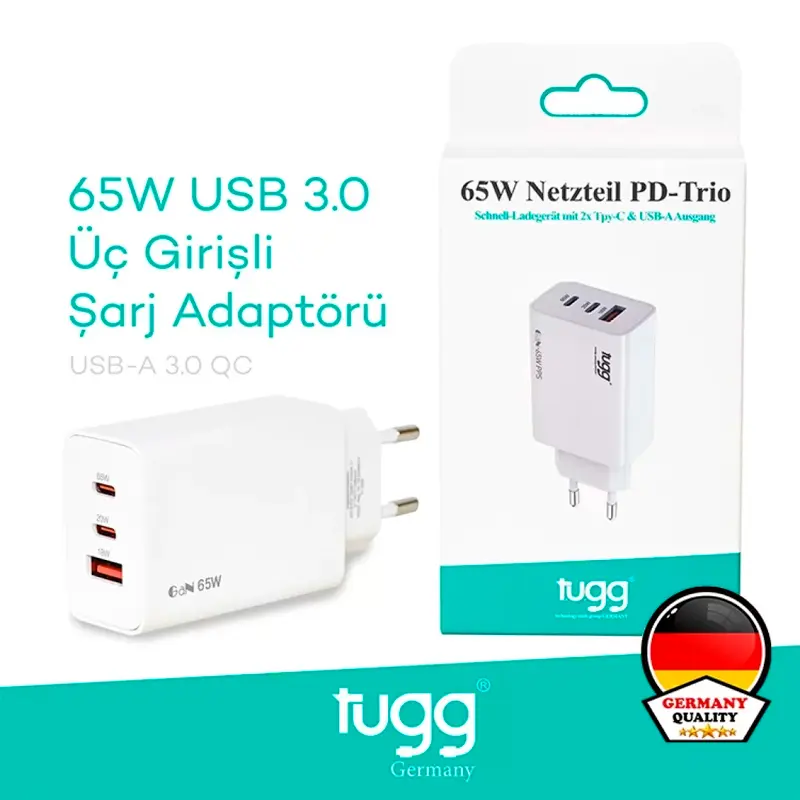 Tugg 104408 Germany Isı ve Akım Korumalı Şarj Başlığı Type-C ve USB 65 Watt