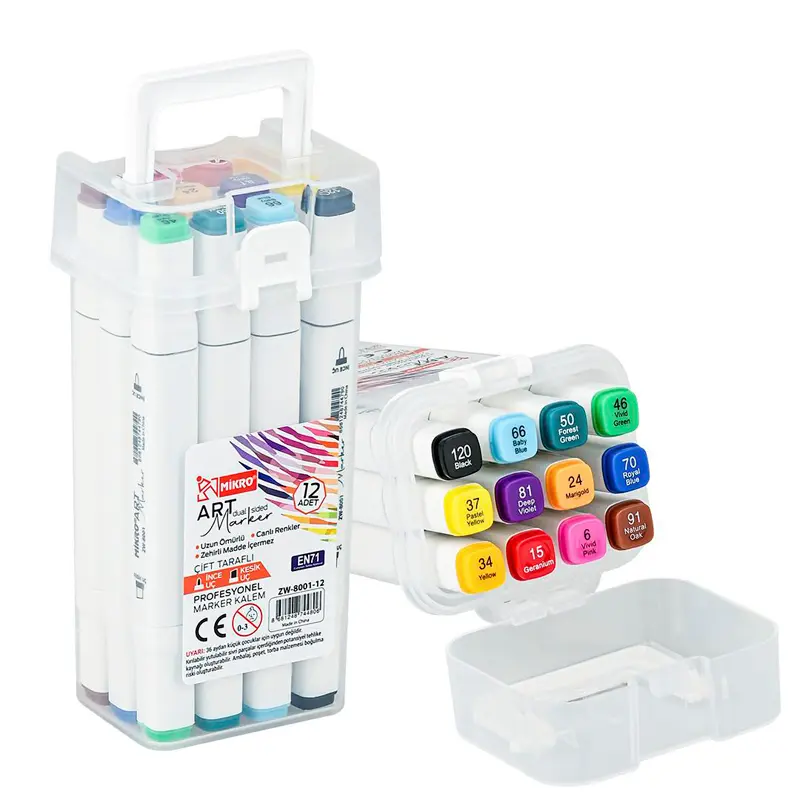 Mikro ZW8001 Art Dual Side Profesyonel Çift Taraflı Marker Kutulu 12 Renk