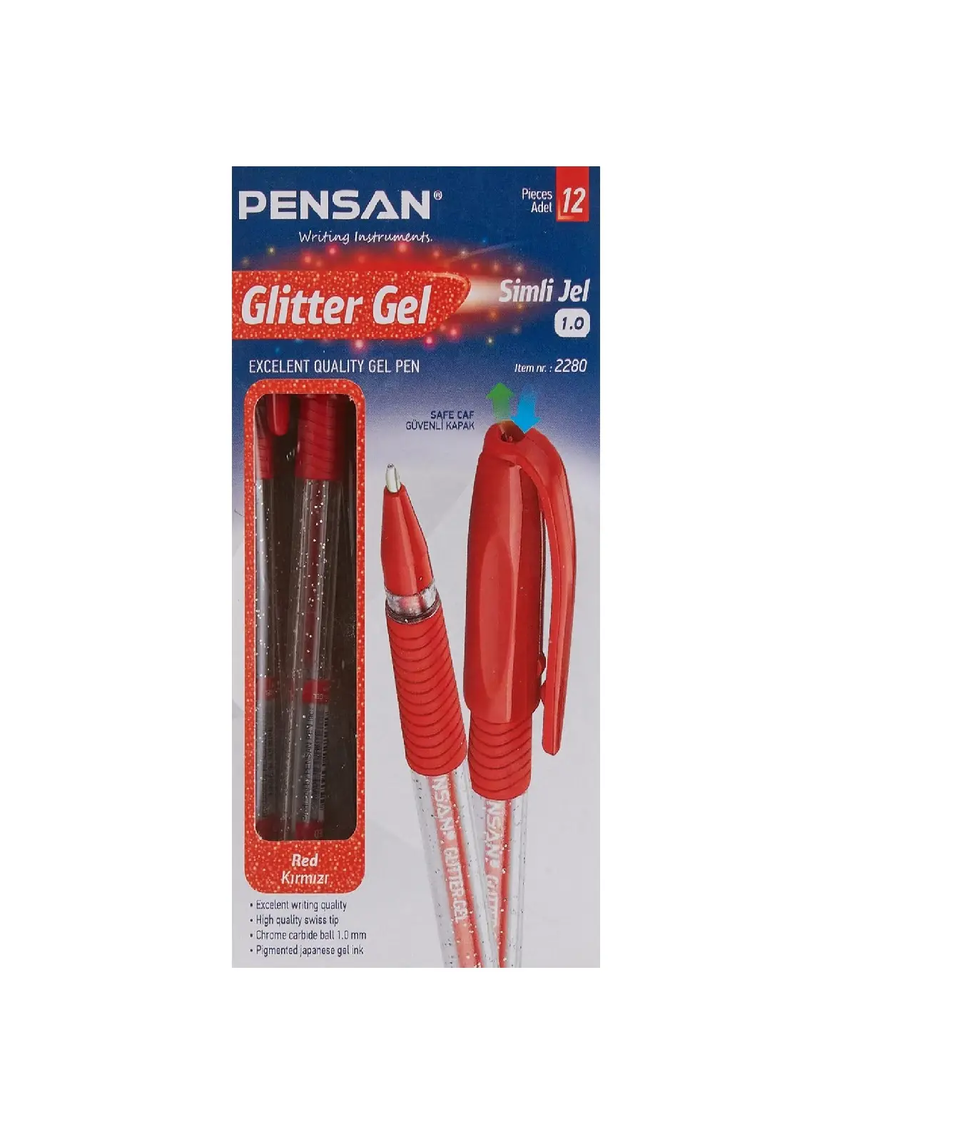Pensan 2280 Glitter Simli Jel Kalem 1.0 mm Kırmızı 12 Li Kutu