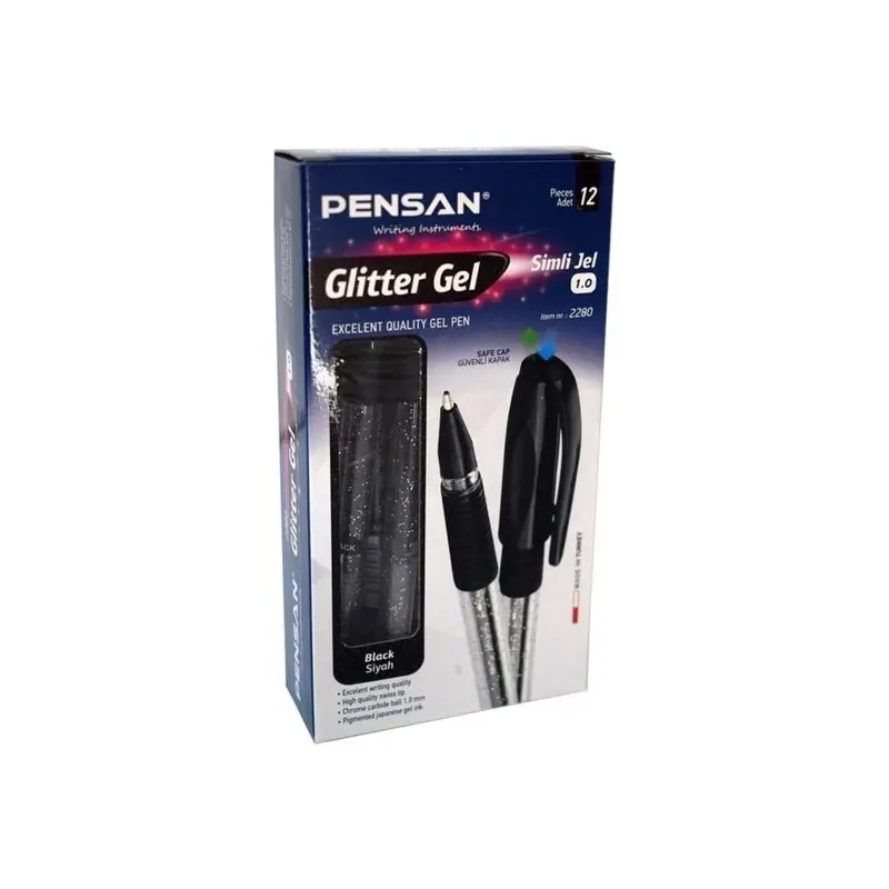 Pensan 2280 Glitter Simli Jel Kalem 1.0 mm Siyah 12 Li Kutu