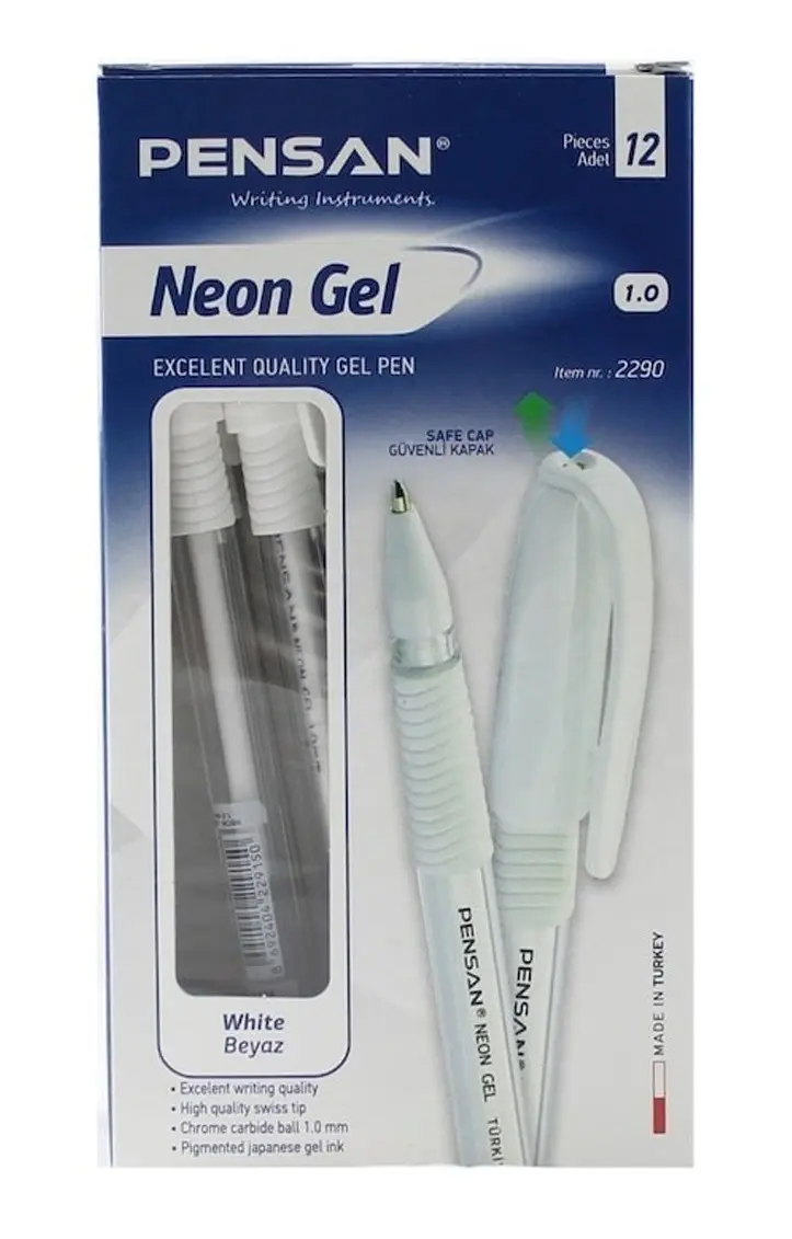 Pensan 2290 Neon Jel Kalem 1.0 mm Beyaz 12 Li Kutu
