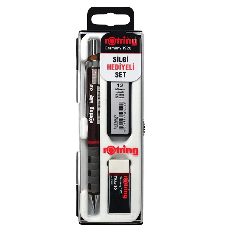 Rotring Tikky Versatil Kalem + Min + Silgi 3 Lü Okul Seti 0.5mm Bordo