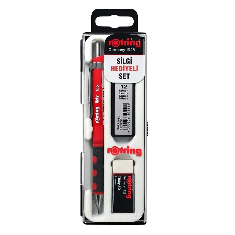Rotring Tikky Versatil Kalem + Min + Silgi 3 Lü Okul Seti 0.5mm Kırmızı