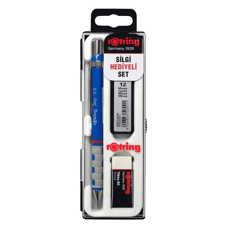 Rotring Tikky Versatil Kalem + Min + Silgi 3 Lü Okul Seti 0.5mm Mavi