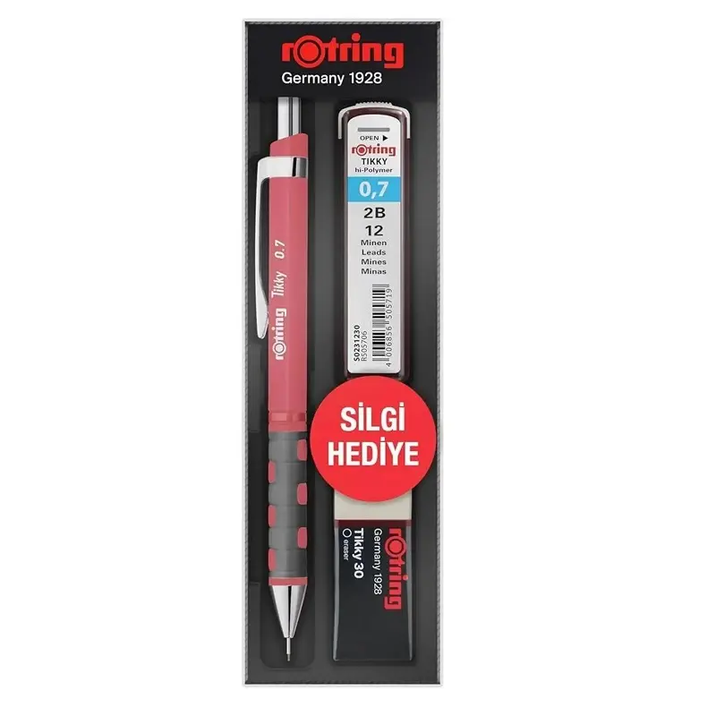 Rotring Tikky Versatil Kalem + Min + Silgi 3'lü Okul Seti 0.7mm Kırmızı