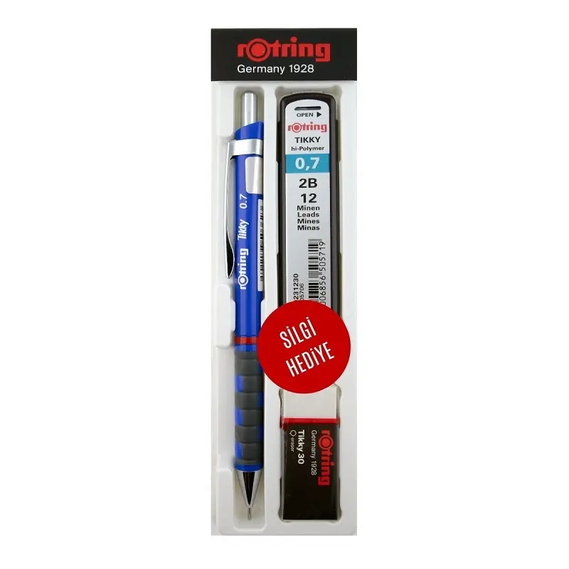 Rotring Tikky Versatil Kalem + Min + Silgi 3 Lü Okul Seti 0.7mm Mavi