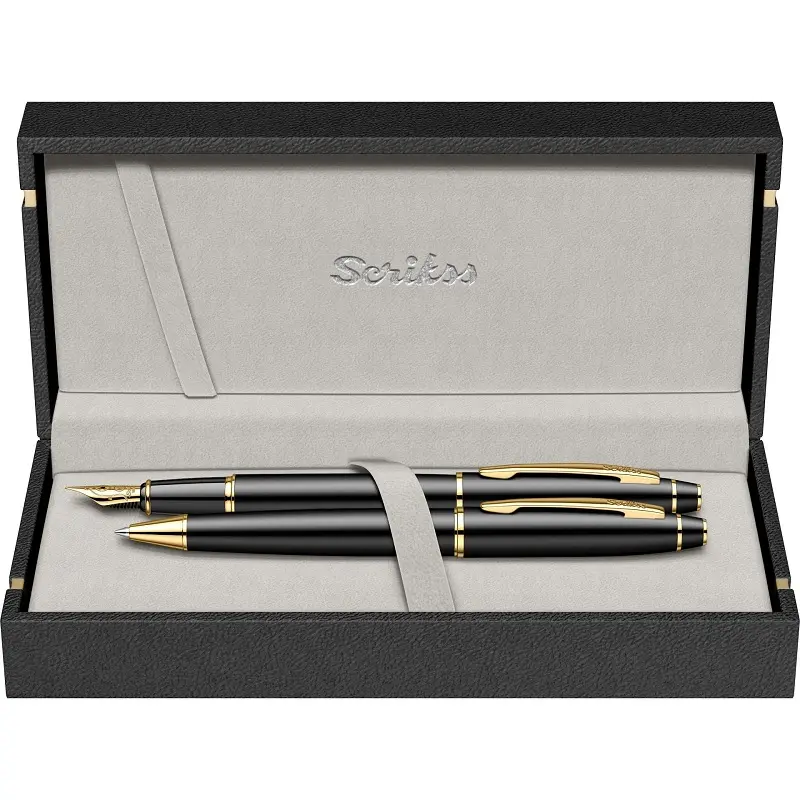 Scrikss 35 Noble İkili Set Dolma Kalem + Tükenmez Kalem Mat Siyah Altın