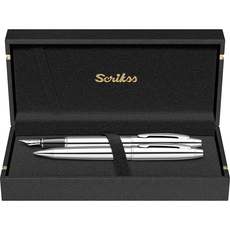 Scrikss 35 Noble İkili Set Dolma Kalem - Tükenmez Kalem Krom