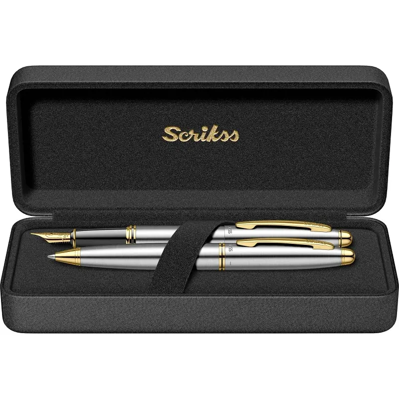 Scrikss 88 Knight İkili Set Dolma Kalem + Tükenmez Kalem Gold Krom