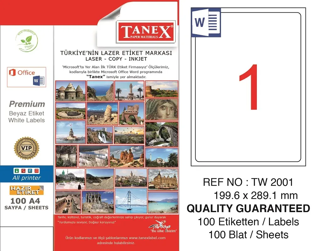 Tanex TW-2001 199.6x289.1 mm Lazer Etiket 100 Lü Paket