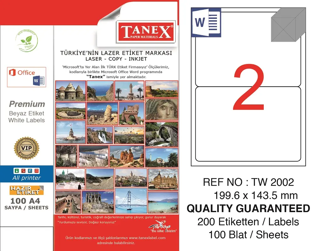 Tanex TW-2002 199.6x143.5 mm Lazer Etiket 100 Lü Paket