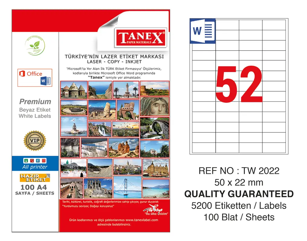 Tanex TW-2022 50x22 mm Lazer Etiket 100 Lü Paket