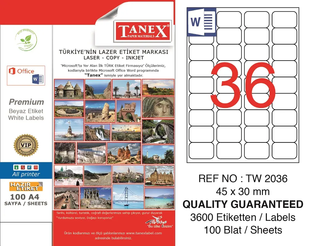 Tanex TW-2036 45x30 mm Lazer Etiket 100 Lü Paket