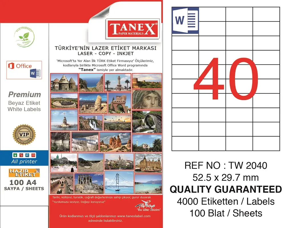 Tanex TW-2040 52.5x29.7 mm Lazer Etiket 100 Lü Paket