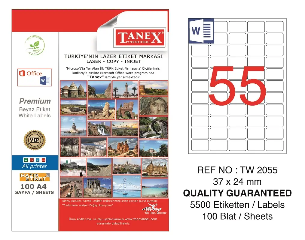Tanex TW-2055 37x24 mm Lazer Etiket 100 Lü Paket