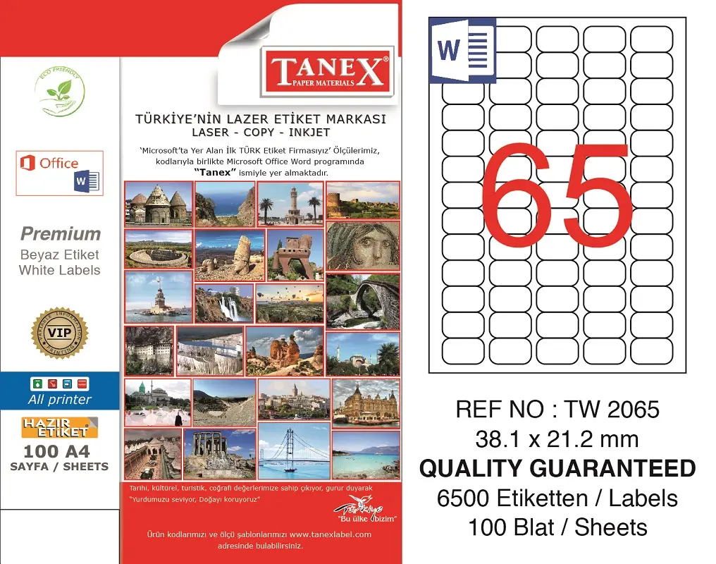 Tanex TW-2065 38.1x21.2 mm Lazer Etiket 100 Lü Paket