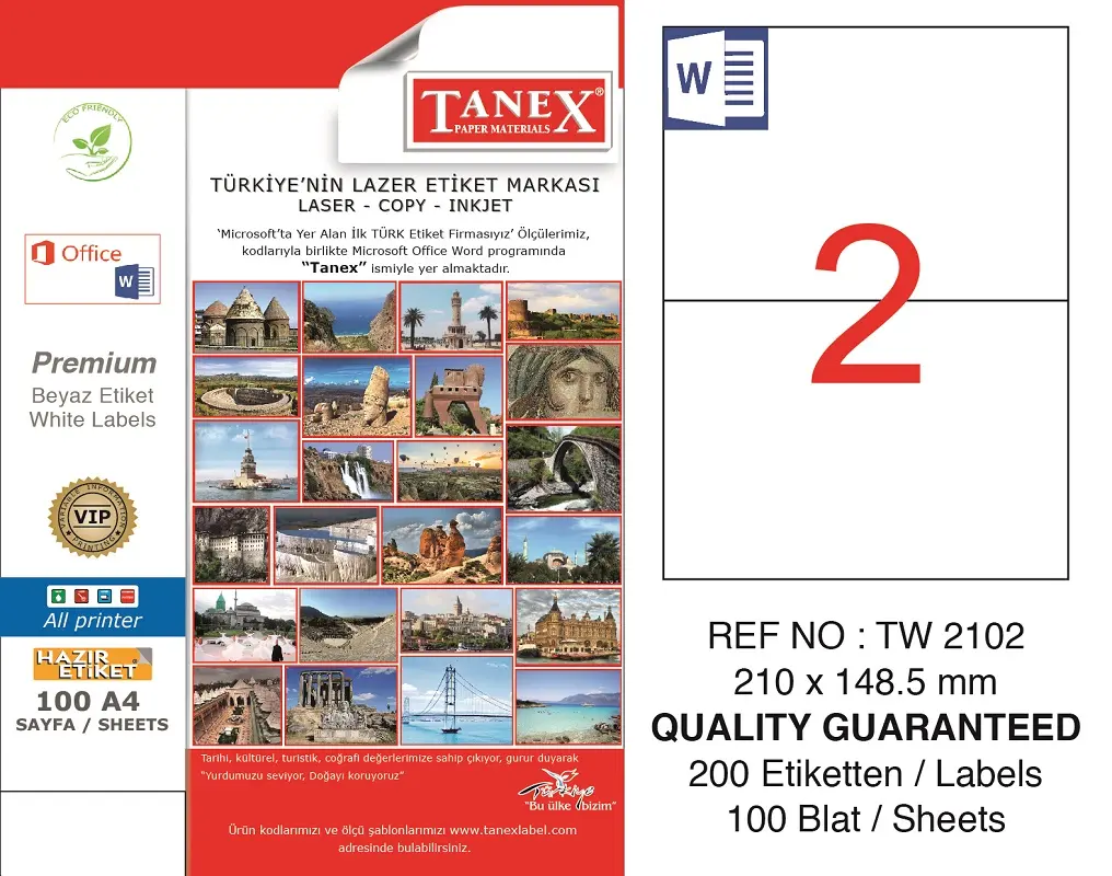 Tanex TW-2102 210x148.5 mm Lazer Etiket 100 Lü Paket