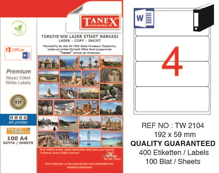 Tanex TW-2104 192x59 mm Lazer Etiket 100 Lü Paket