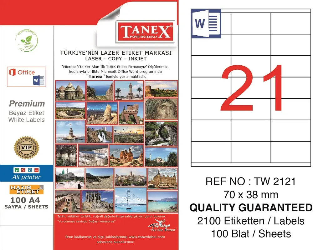 Tanex TW-2121 70x38 mm Lazer Etiket 100 Lü Paket