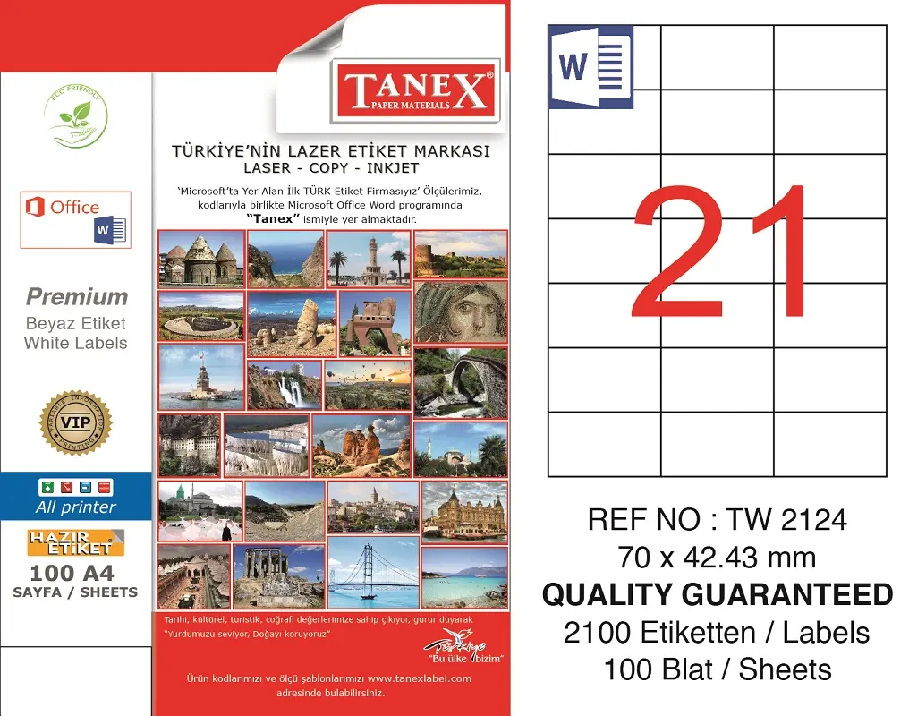 Tanex TW-2124 70x42.43 mm Lazer Etiket 100 Lü Paket