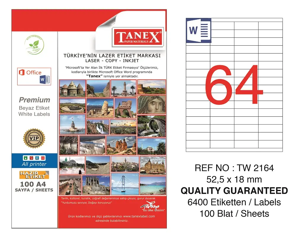Tanex TW-2164 52.5x18 mm Lazer Etiket 100 Lü Paket