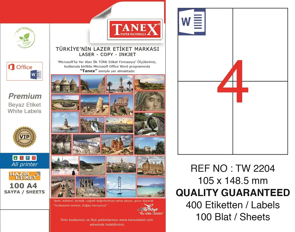 Tanex TW-2204 105x148.5 mm Lazer Etiket 100 Lü Paket