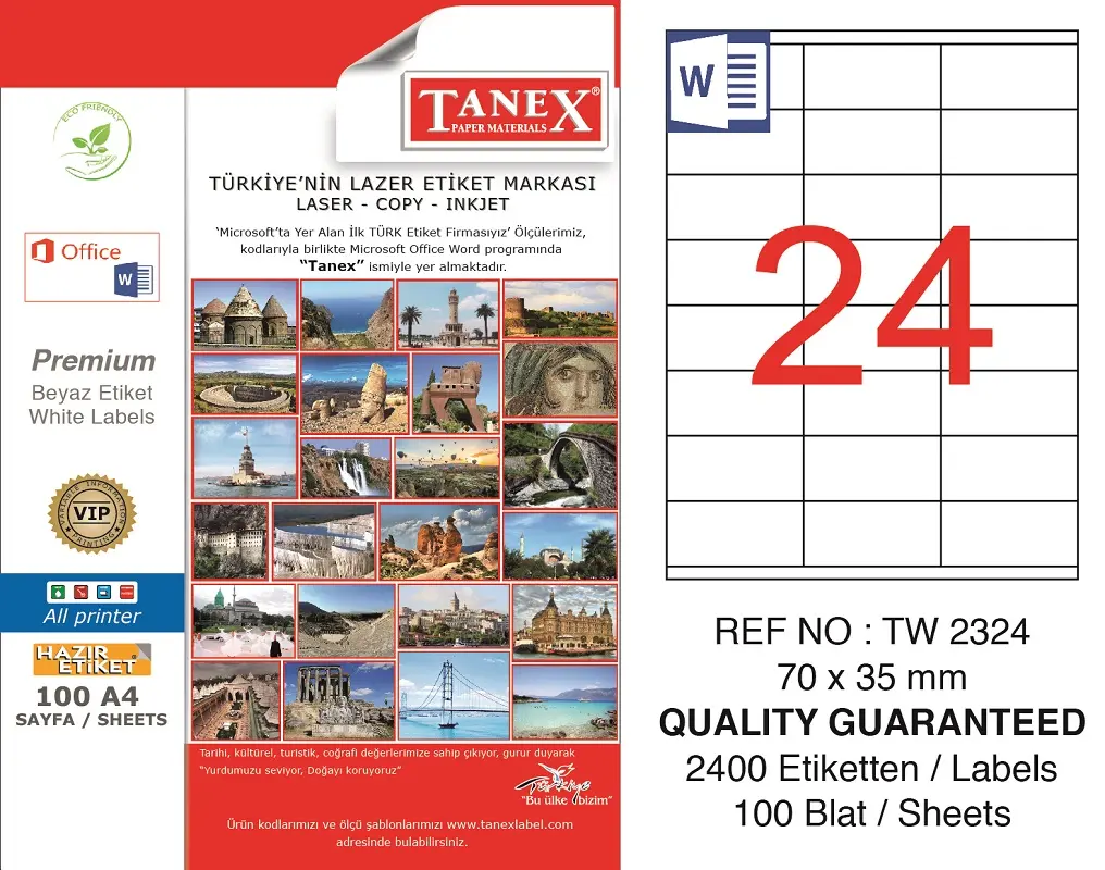 Tanex TW-2324 70x35 mm Lazer Etiket 100 Lü Paket