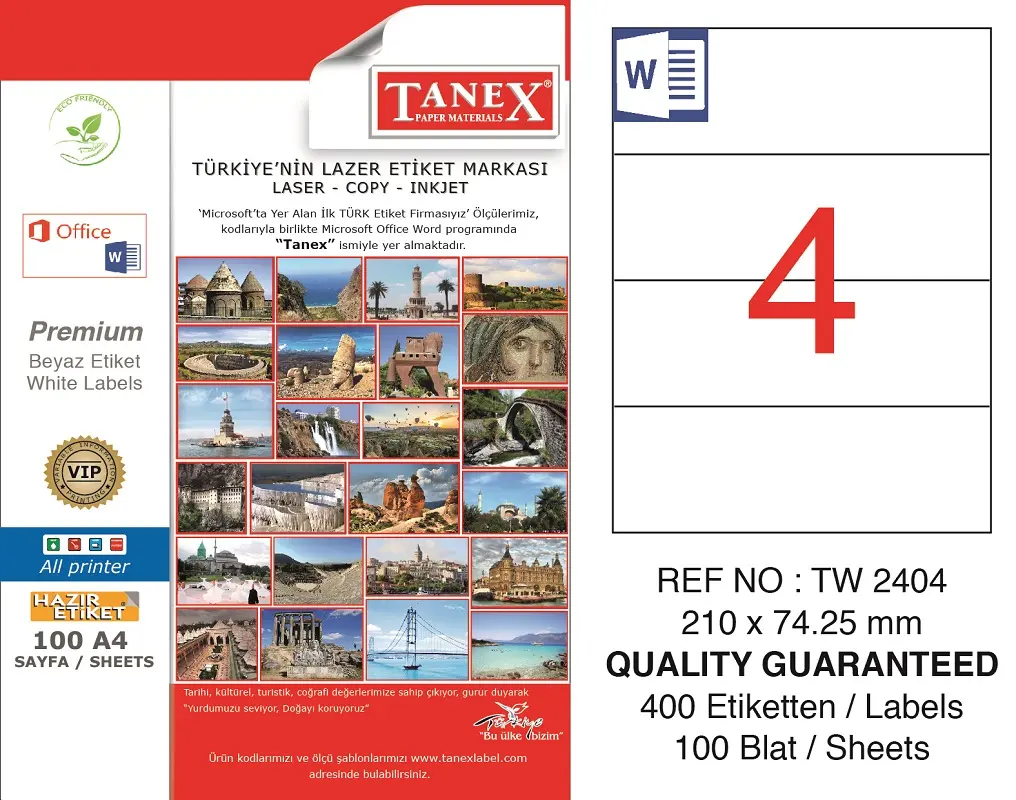 Tanex TW-2404 210x74.25 mm Lazer Etiket 100 Lü Paket