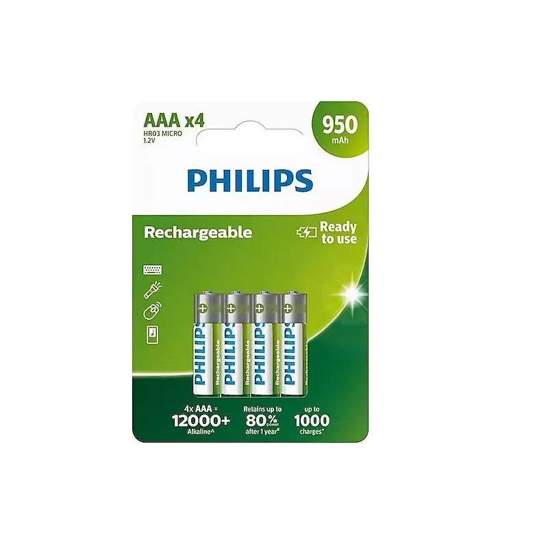 Philips R03B4A95/10 Şarj Edilebilir İnce Pil AAA 950 mAH 4 Lü Kartela