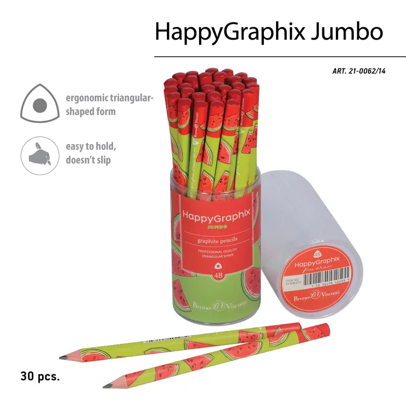 Bruno Visconti HappyGraphix Karpuz Desen Üçgen Gövde Jumbo Kurşun Kalem 3.5mm 4B 30 Lu Paket