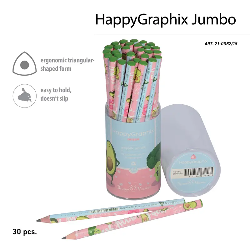 Bruno Visconti HappyGraphix Avokado Desen Üçgen Gövde Jumbo Kurşun Kalem 3.5mm 4B 30 Lu Paket