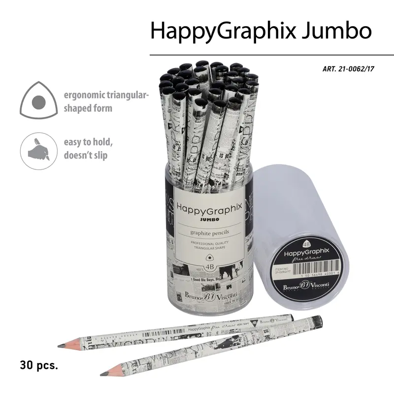 Bruno Visconti HappyGraphix Gazete Desen Üçgen Gövde Jumbo Kurşun Kalem 3.5mm 4B 30 Lu Paket