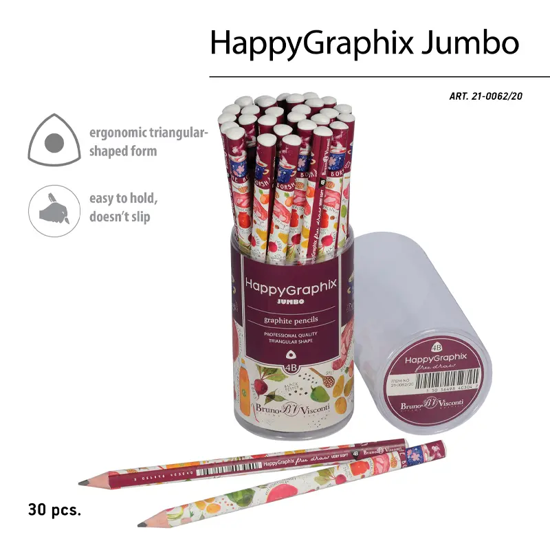 Bruno Visconti HappyGraphix The Borsh Desen Üçgen Gövde Jumbo Kurşun Kalem 4B 30 Lu Paket