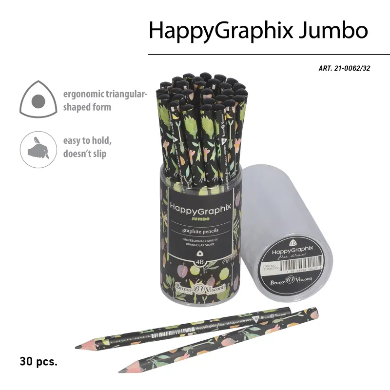 Bruno Visconti HappyGraphix Botanik Desen Üçgen Gövde Jumbo Kurşun Kalem 3.5mm 4B 30 Lu Paket