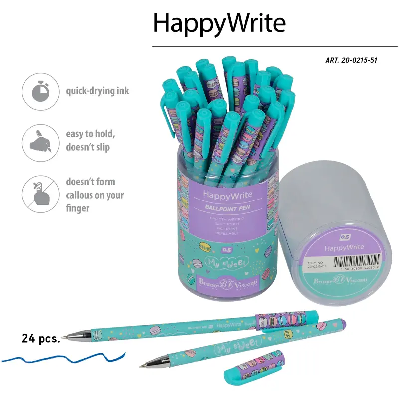 Bruno Visconti Happy Write Sandviç Desen Tükenmez Kalem 0.5mm Mavi x 24 Lü Kutu