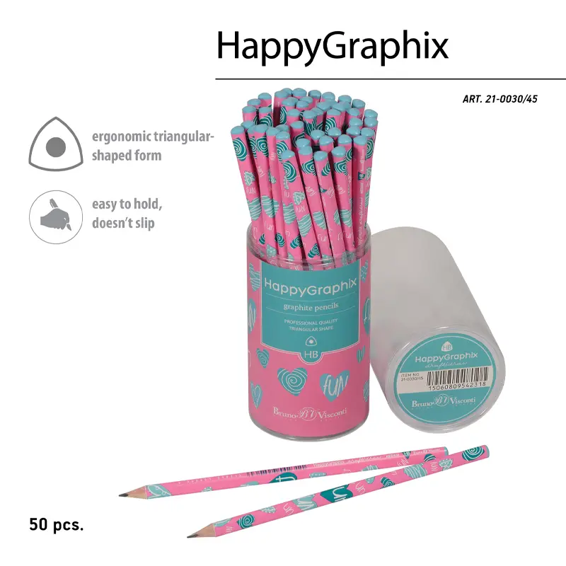 Bruno Visconti HappyGraphix Kalp Desen Üçgen Gövde Kurşun Kalem HB 50 Li Paket