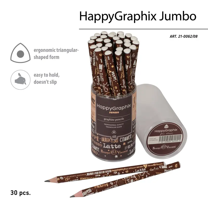 Bruno Visconti HappyGraphix Kahve Zamanı Desen Üçgen Gövde Jumbo Kurşun Kalem 3.5mm 4B 30 Lu Paket