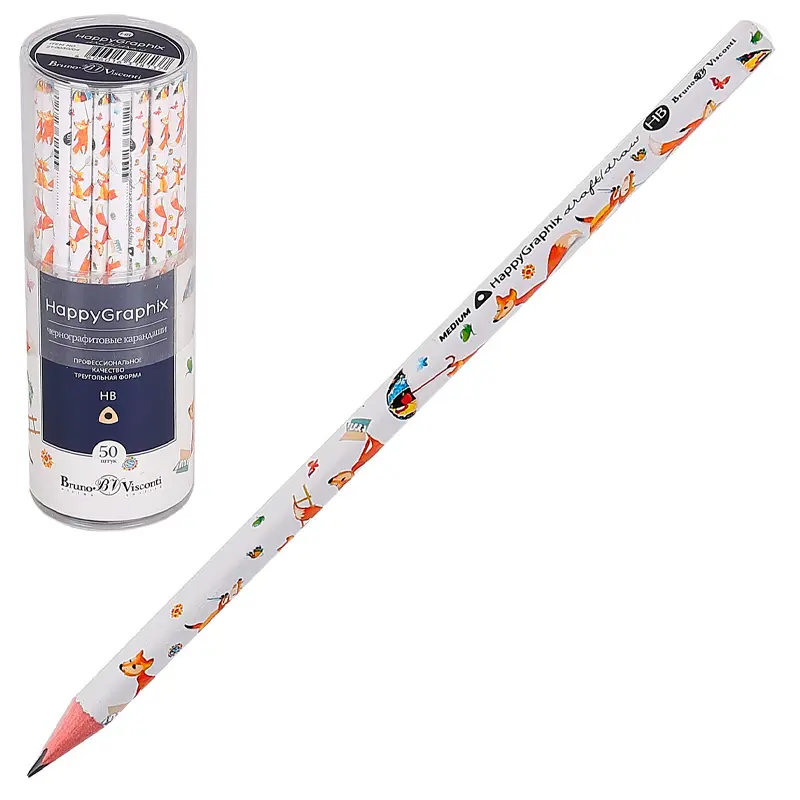 Bruno Visconti HappyGraphix Tilki Desen Üçgen Gövde Kurşun Kalem HB 50 Li Paket