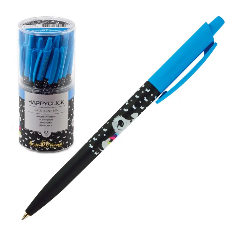 Bruno Visconti Happy Click Köpek Desen Tükenmez Kalem 0.5mm Mavi x 24 Lü Kutu